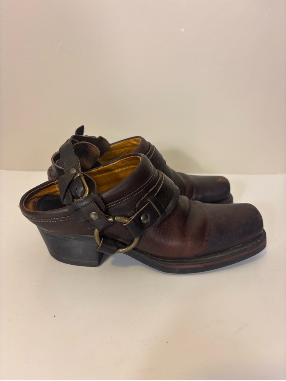 Frye Brown Leather Harness Square Toe Mules with Brass Rings Women’s 7